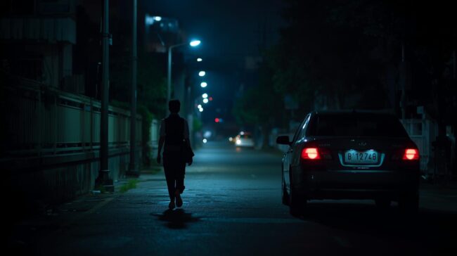 lone female worker walking to car at night