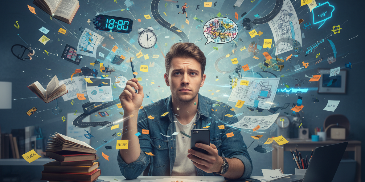 A young man sat at his desk and lists and papers swirling around his head