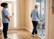 Elderly lady walking into bathroom with a walking aid being observed by a reablement worker