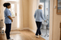 Elderly lady walking into bathroom with a walking aid being observed by a reablement worker