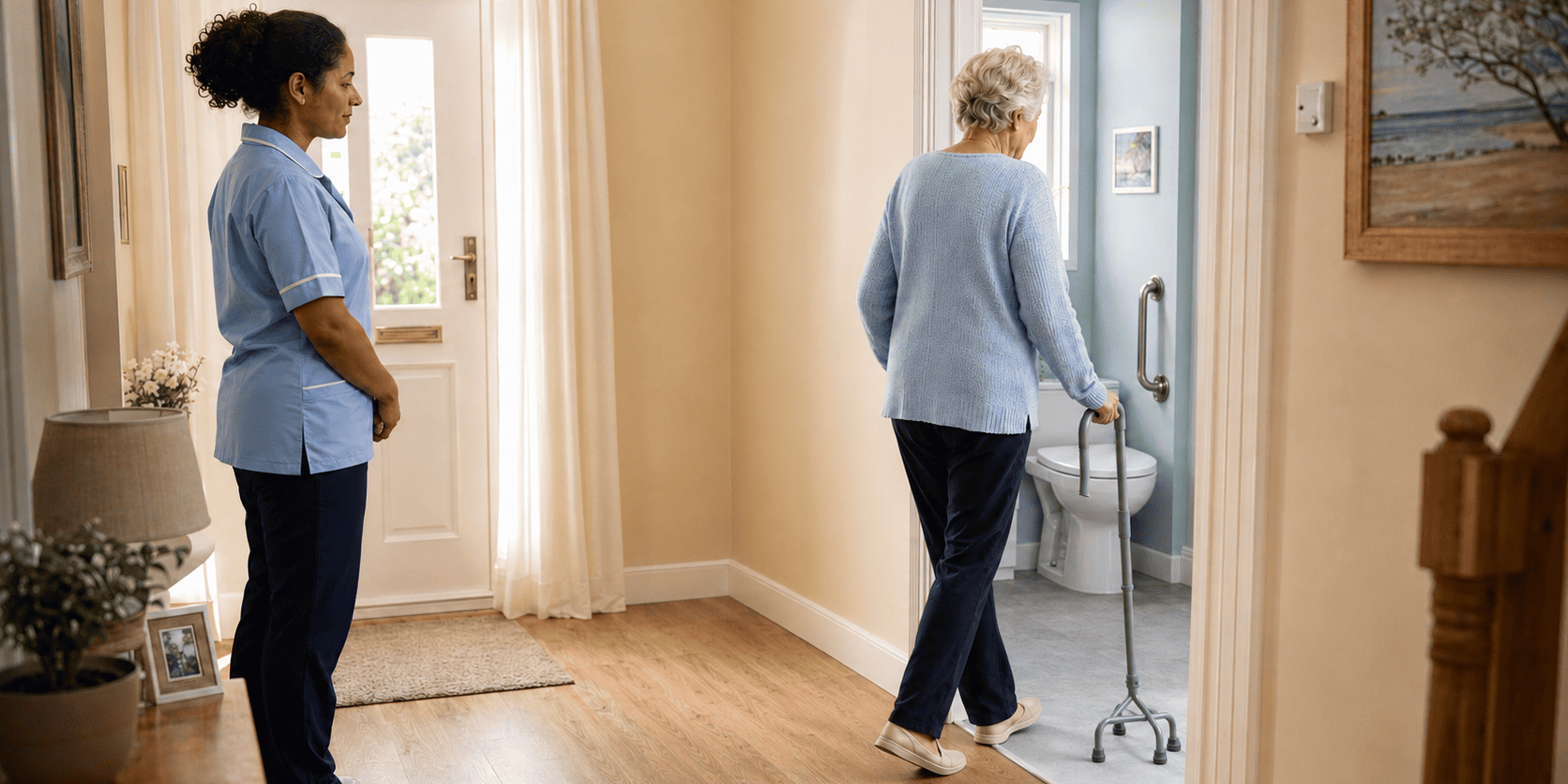Elderly lady walking into bathroom with a walking aid being observed by a reablement worker