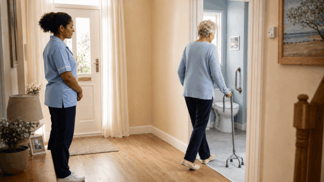 Elderly lady walking into bathroom with a walking aid being observed by a reablement worker