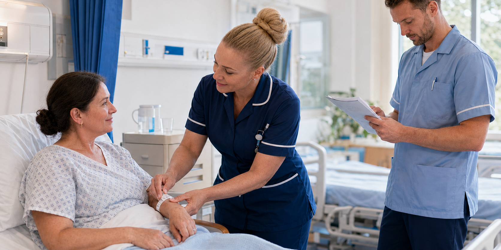 A nurse checks a patient’s identification wristband while another healthcare professional reviews her care notes in a clean hospital ward.