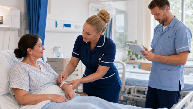 patient safety blog A nurse checks a patient’s identification wristband while another healthcare professional reviews her care notes in a clean hospital ward.