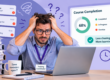 Stressed training coordinator pulling his hair out at a laptop, surrounded by overdue training reminders and compliance paperwork, with a course completion dashboard showing staff training progress.