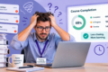 Stressed training coordinator pulling his hair out at a laptop, surrounded by overdue training reminders and compliance paperwork, with a course completion dashboard showing staff training progress.