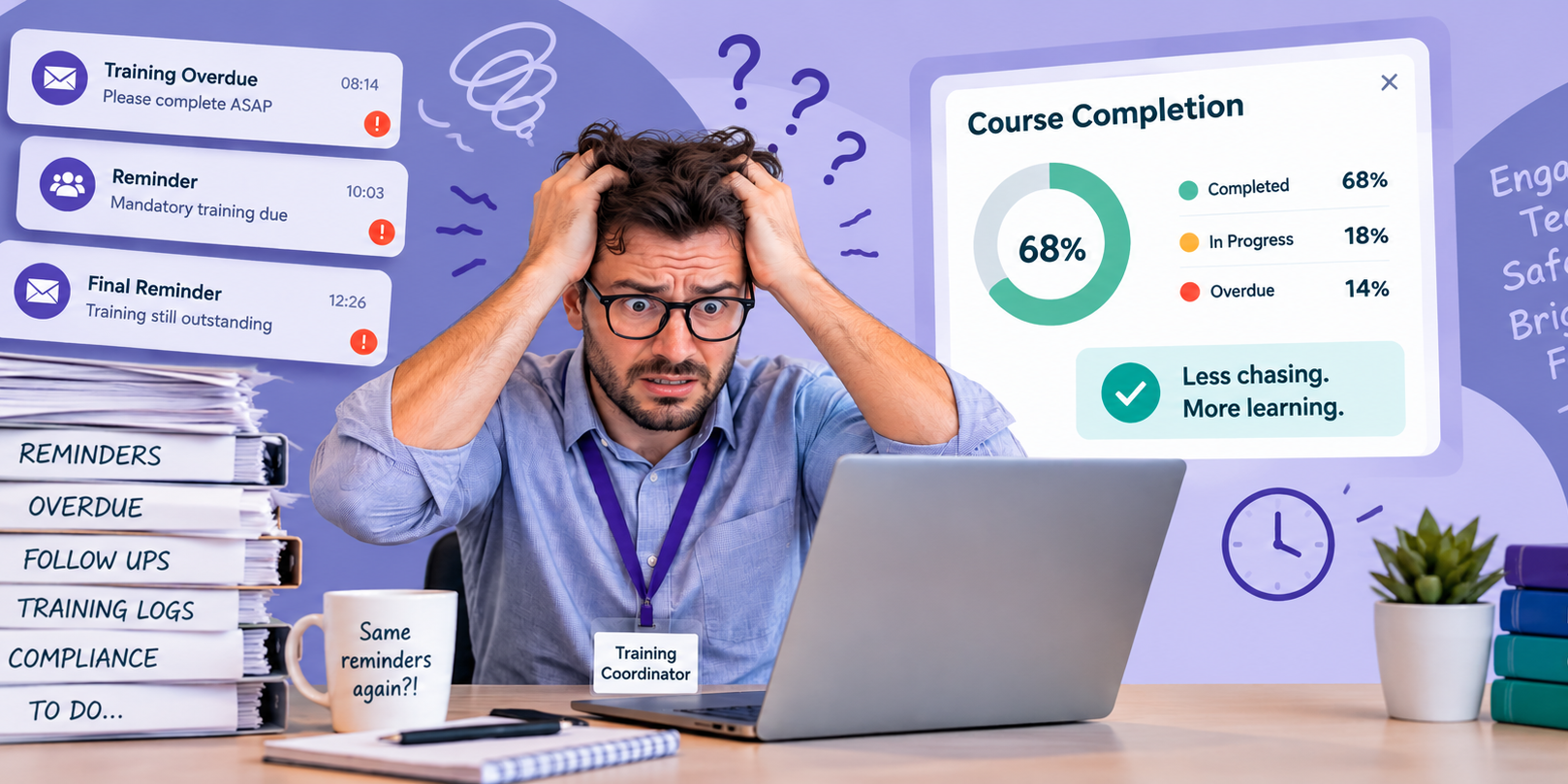 Stressed training coordinator pulling his hair out at a laptop, surrounded by overdue training reminders and compliance paperwork, with a course completion dashboard showing staff training progress.