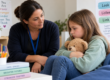 Professional supporting a distressed child using Psychological First Aid