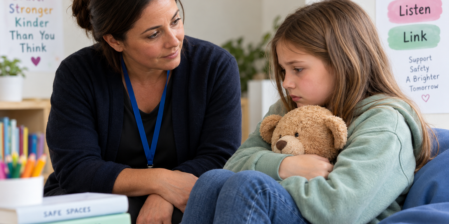 Professional supporting a distressed child using Psychological First Aid