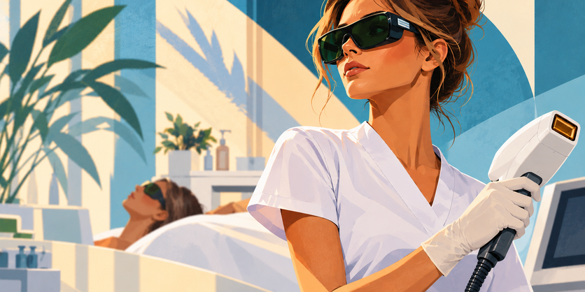 Laser and IPL practitioner wearing protective eyewear in a beauty clinic, promoting LPA Approved Laser Core of Knowledge safety training.