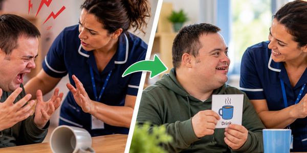 Positive Behaviour Support example showing challenging behaviour and how a care worker uses communication and proactive strategies to reduce distress.