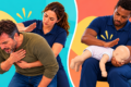 Adult and infant choking first aid illustration showing a woman demonstrating adult back blows and a man demonstrating infant back blows on a training manikin.