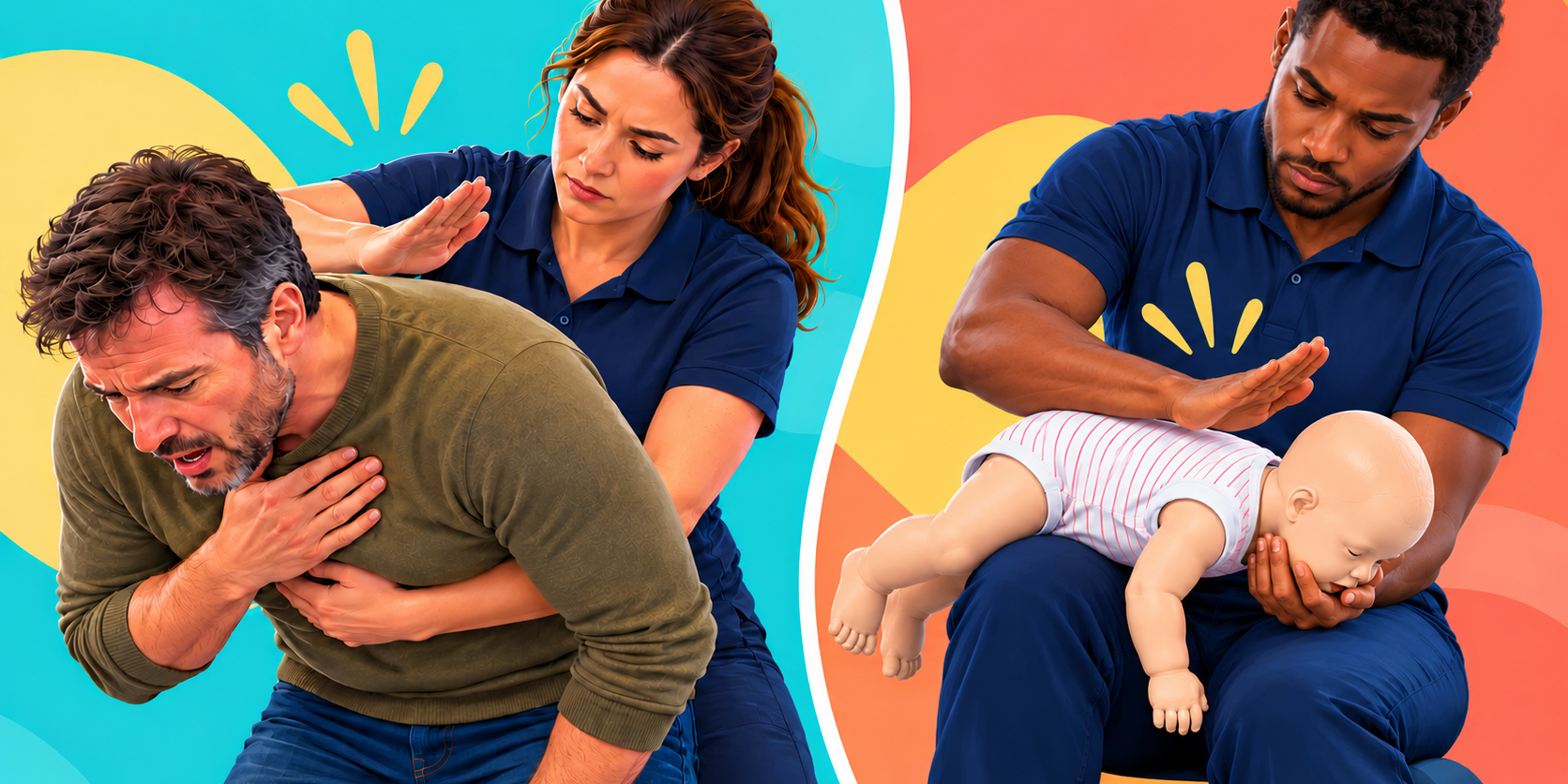 Adult and infant choking first aid illustration showing a woman demonstrating adult back blows and a man demonstrating infant back blows on a training manikin.